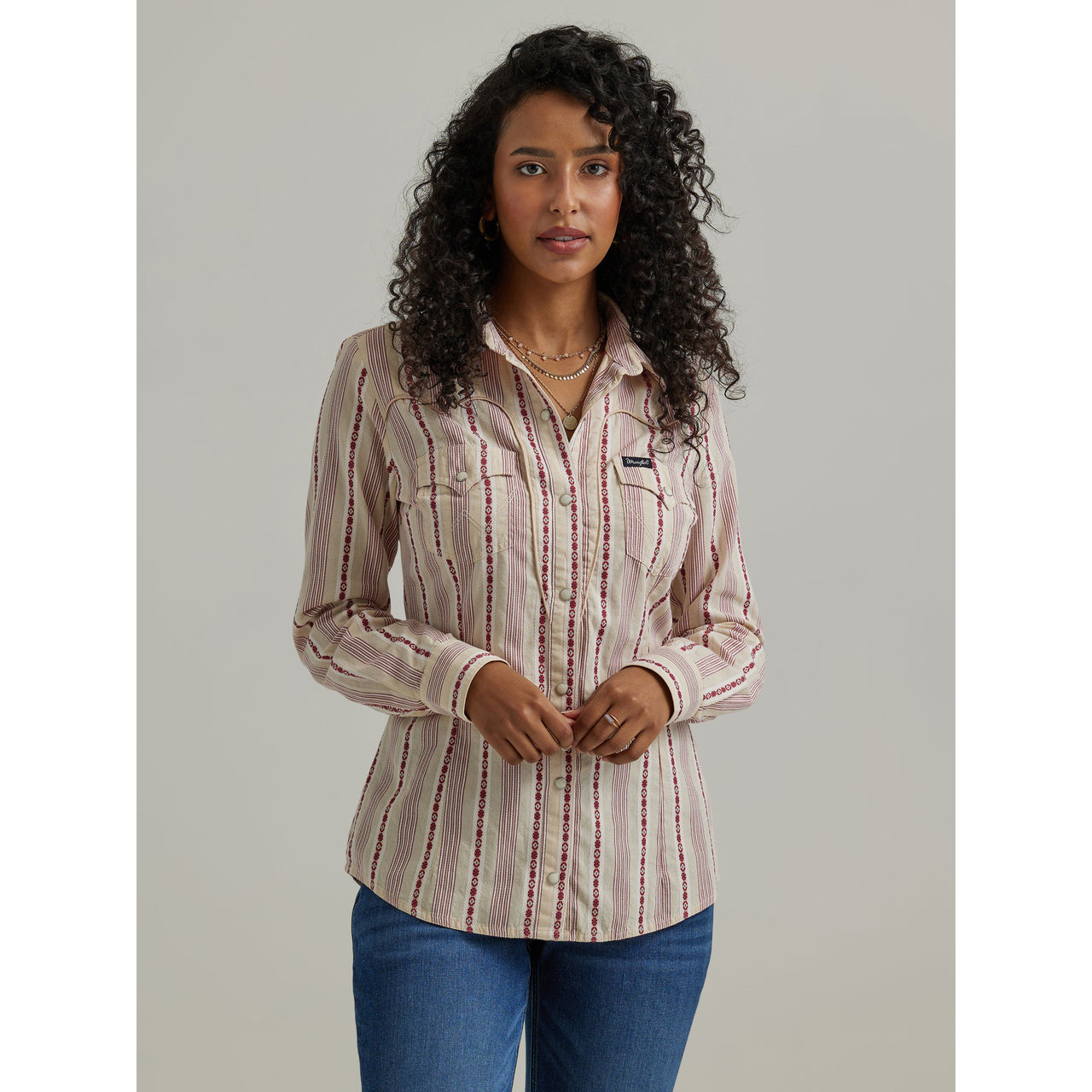 Wrangler Women's Americana Long Sleeve Stripe Snap Shirt - Pink