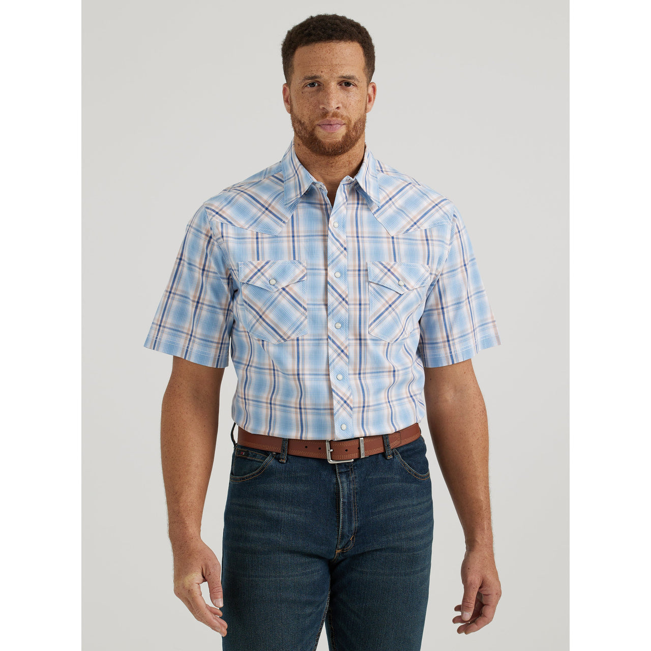 Wrangler Men's 20X Advanced Comfort Short Sleeve Plaid Snap Shirt - Blue