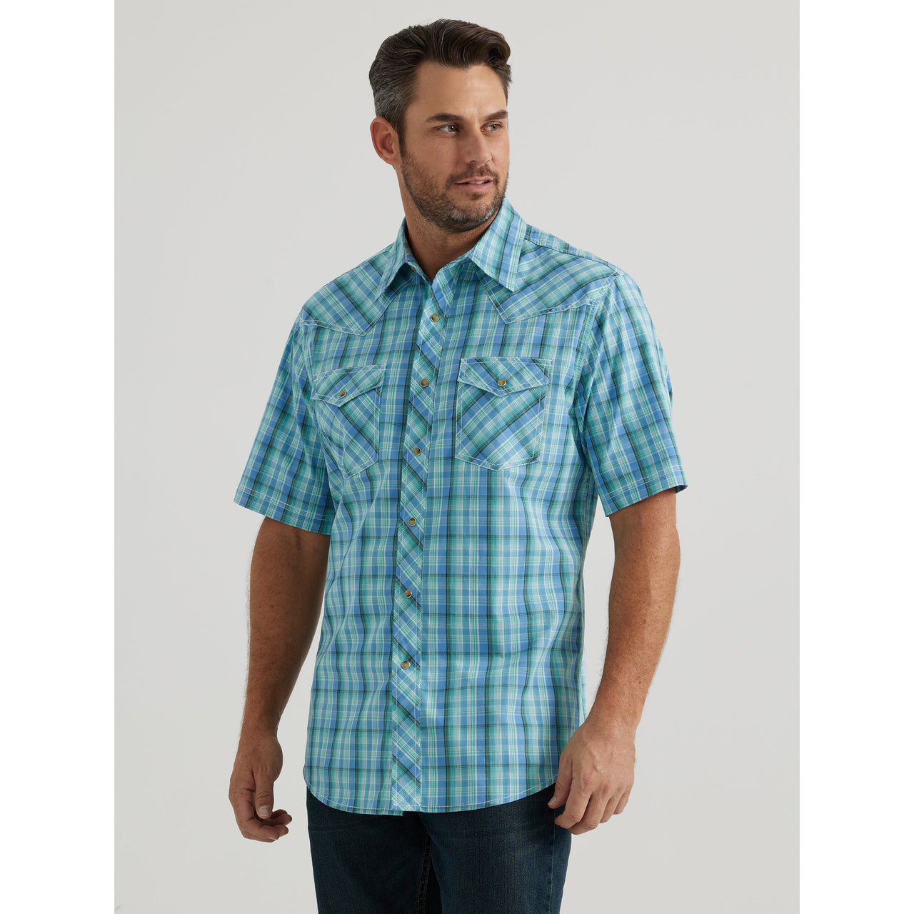 Wrangler Men's 20X Advanced Comfort Short Sleeve Plaid Snap Shirt - Teal