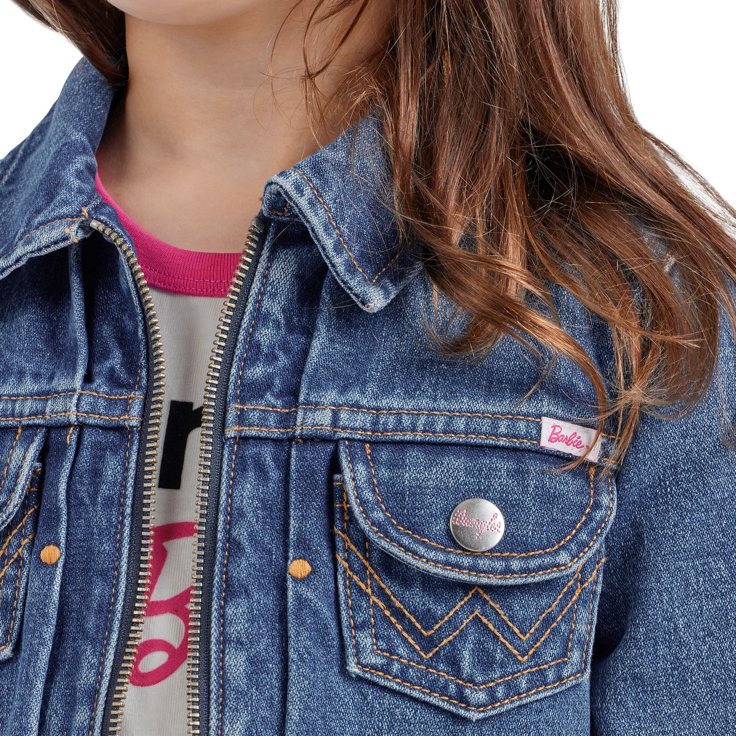Wrangler X Barbie Girl's Zip Up Denim Jacket - Medium Wash