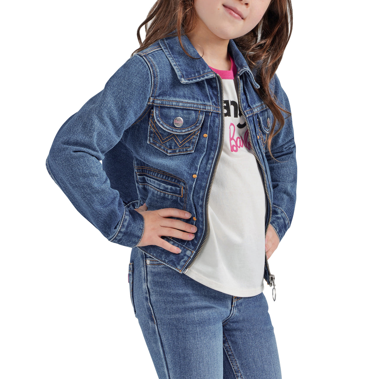 Wrangler X Barbie Girl's Zip Up Denim Jacket - Medium Wash