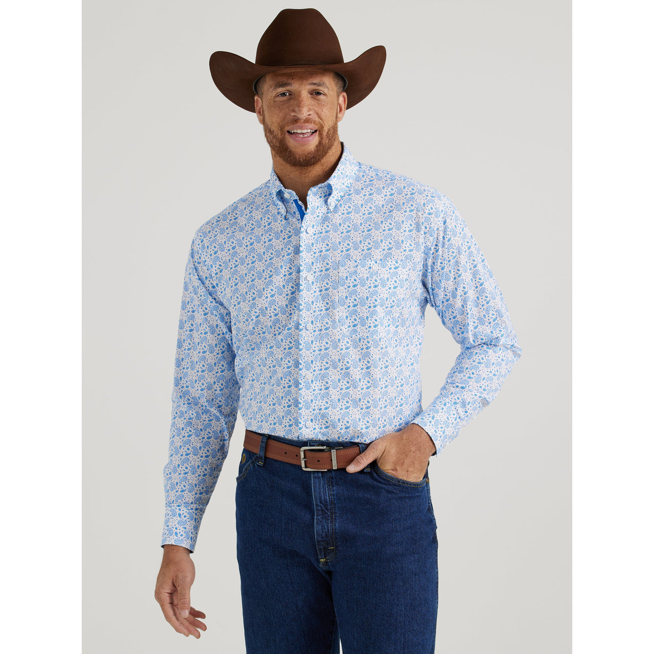 Wrangler Men's George Strait Long Sleeve Geometric Shirt - Light Blue