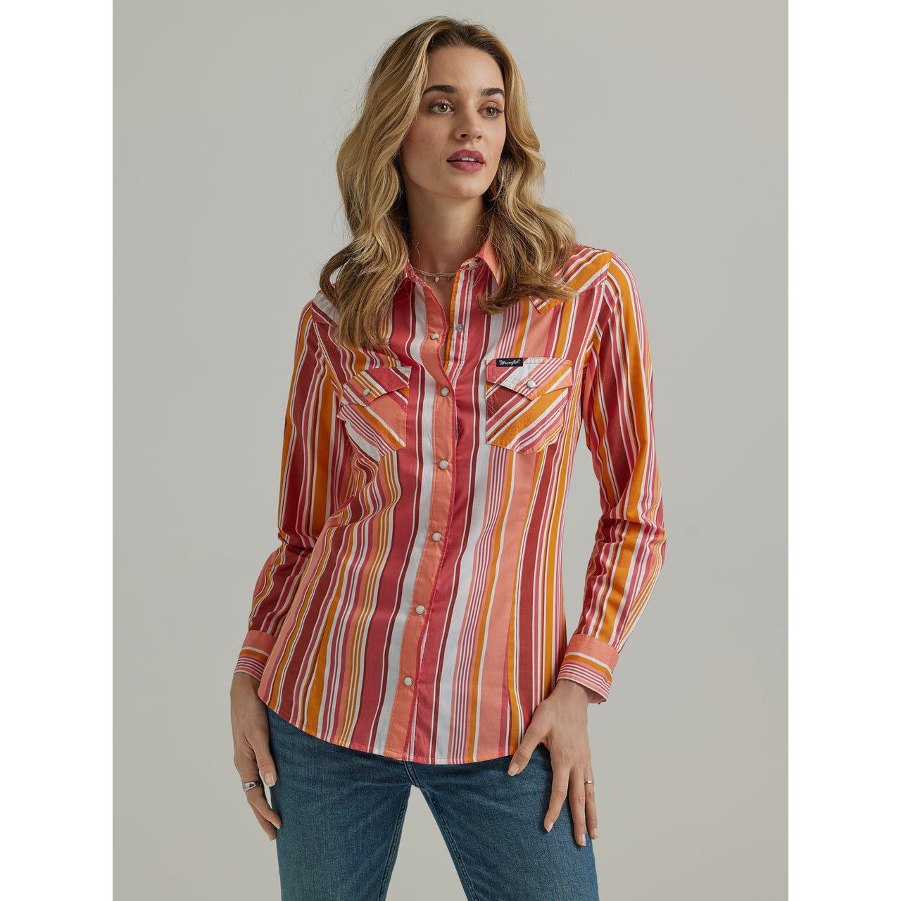 Wrangler Women's Long Sleeve Striped Snap Shirt - Coral