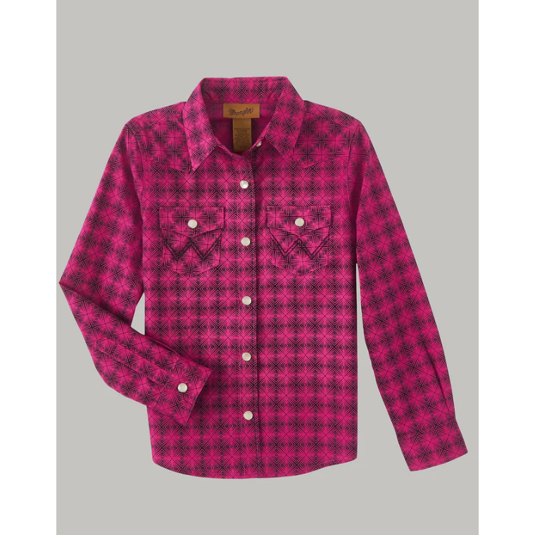 Wrangler Girl's Long Sleeve Snap Print Shirt - Hot Pink