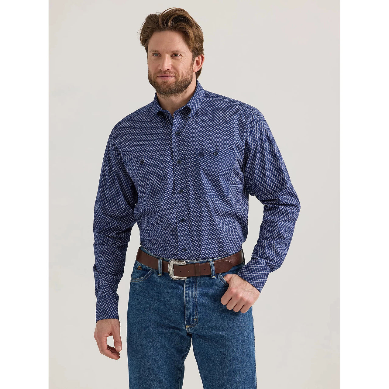 Wrangler Men's George Strait Button Down Long Sleeve Shirt - Navy Net