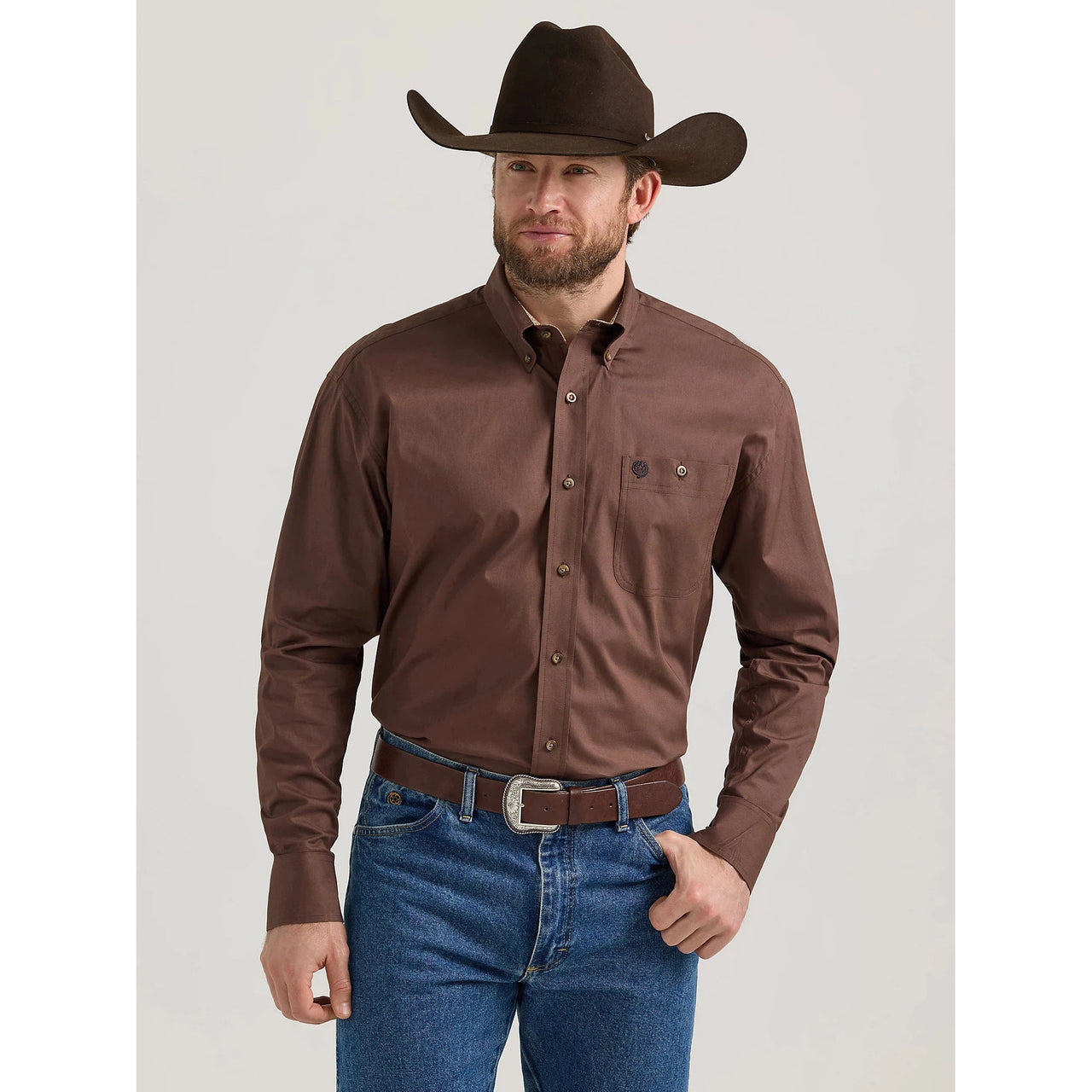 Wrangler Men's George Strait Button Down Long Sleeve Shirt - Brown Chocolate