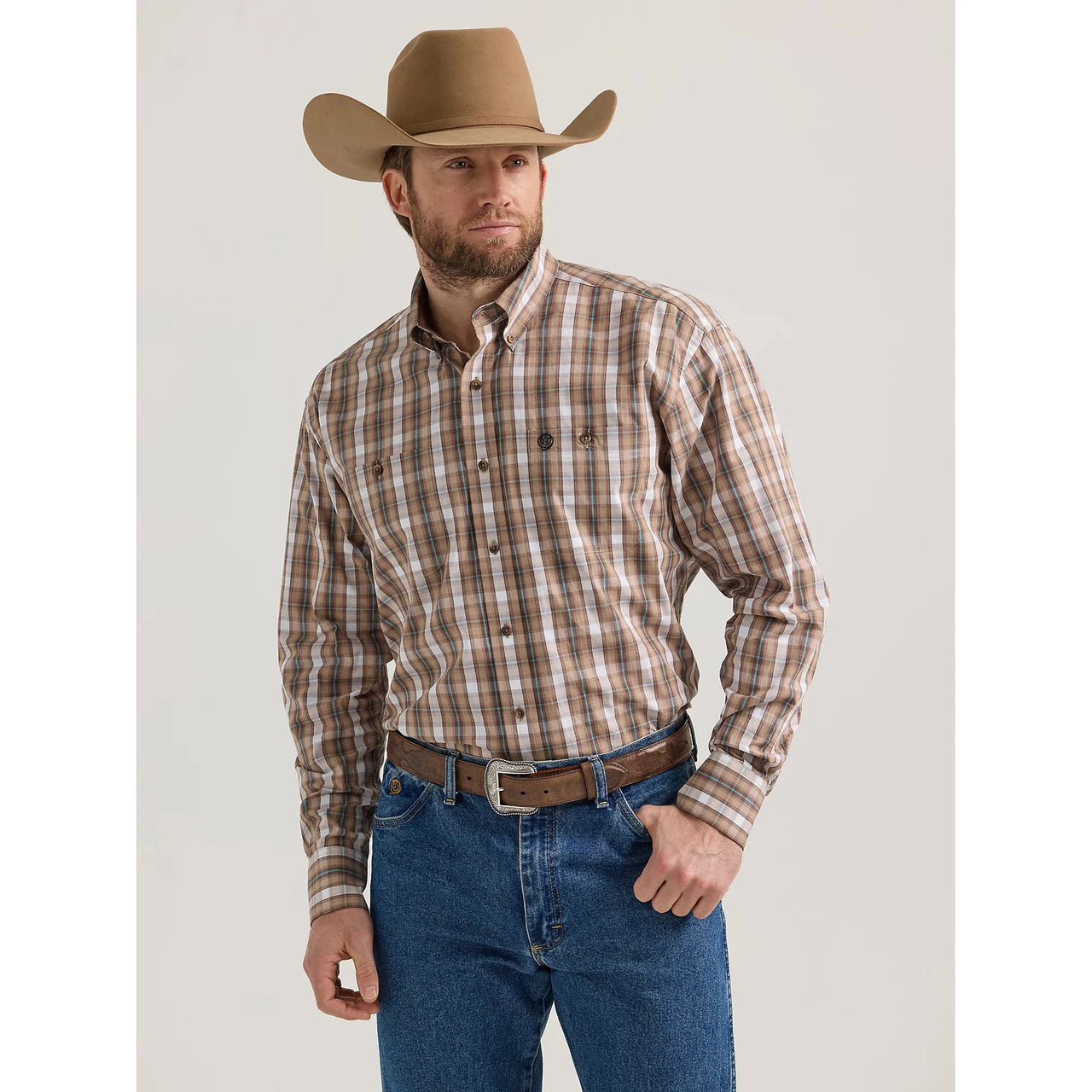 Wrangler Men's George Strait Plaid Long Sleeve Shirt - Big Brown