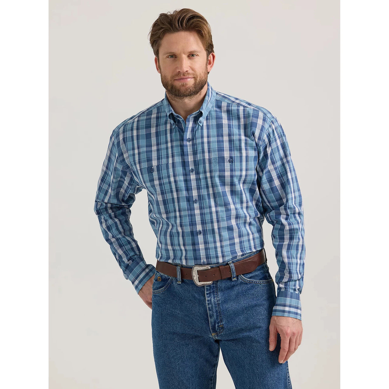 Wrangler Men's George Strait Plaid Long Sleeve Shirt - Cerulean