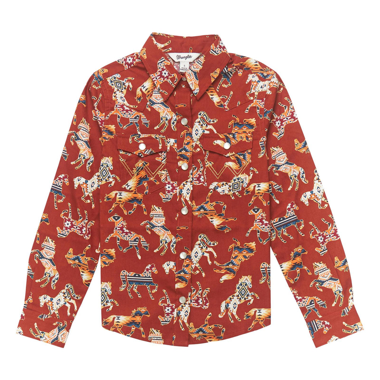 Wrangler Girl's Western Long Sleeve Horse Print Shirt - Red