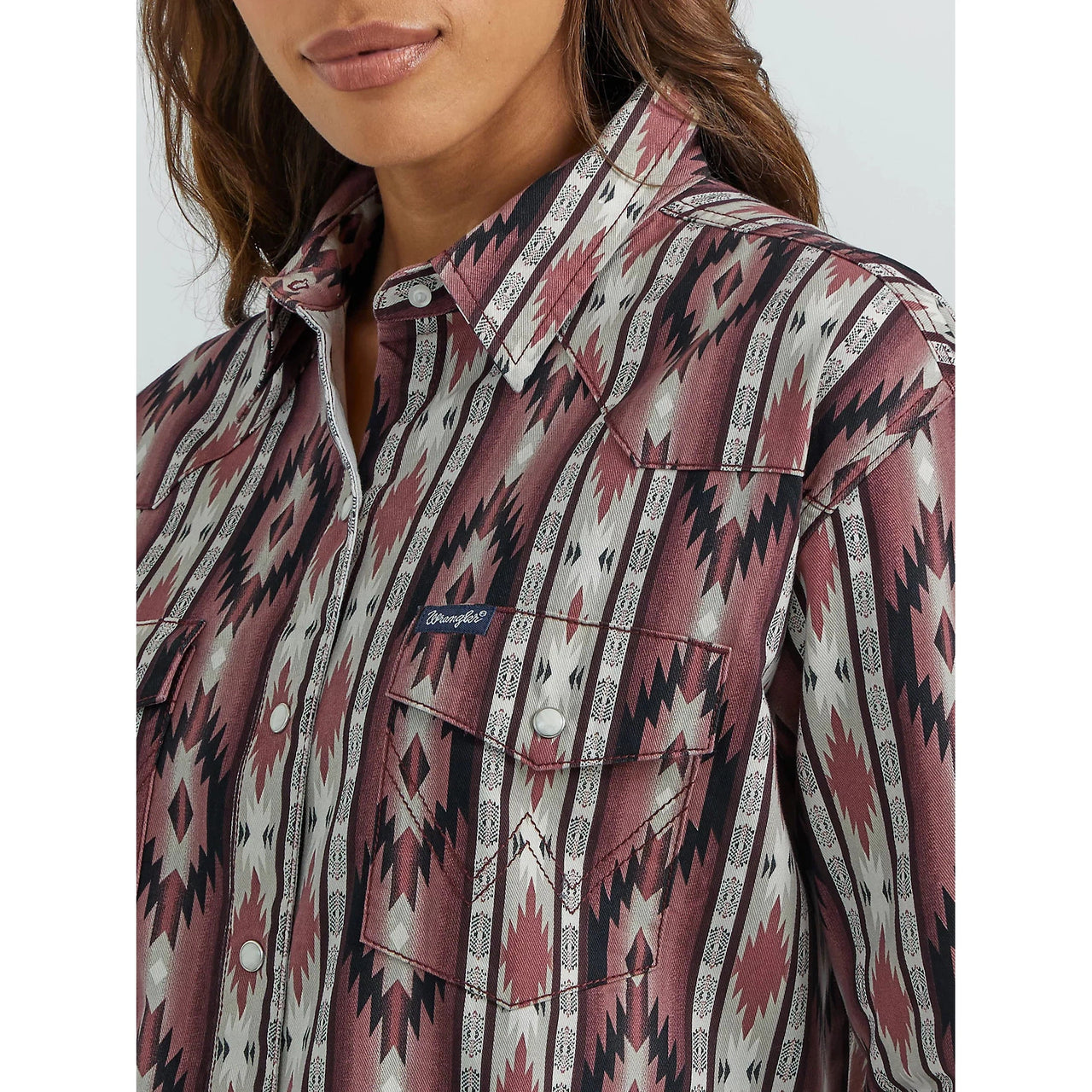 Wrangler Women's Long Sleeve Checotah Boyfriend Western Snap Shirt - Aztec Burgundy