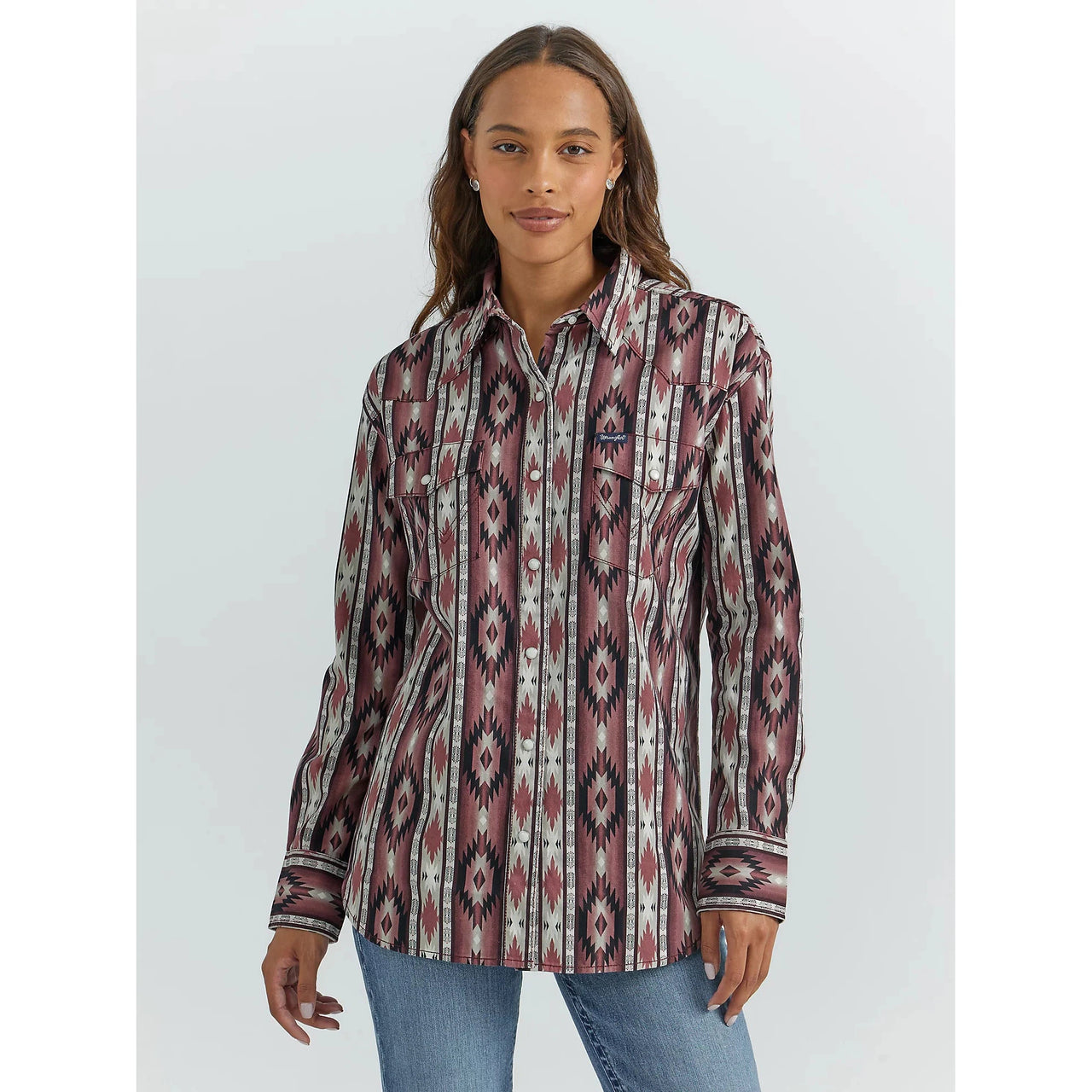 Wrangler Women's Long Sleeve Checotah Boyfriend Western Snap Shirt - Aztec Burgundy