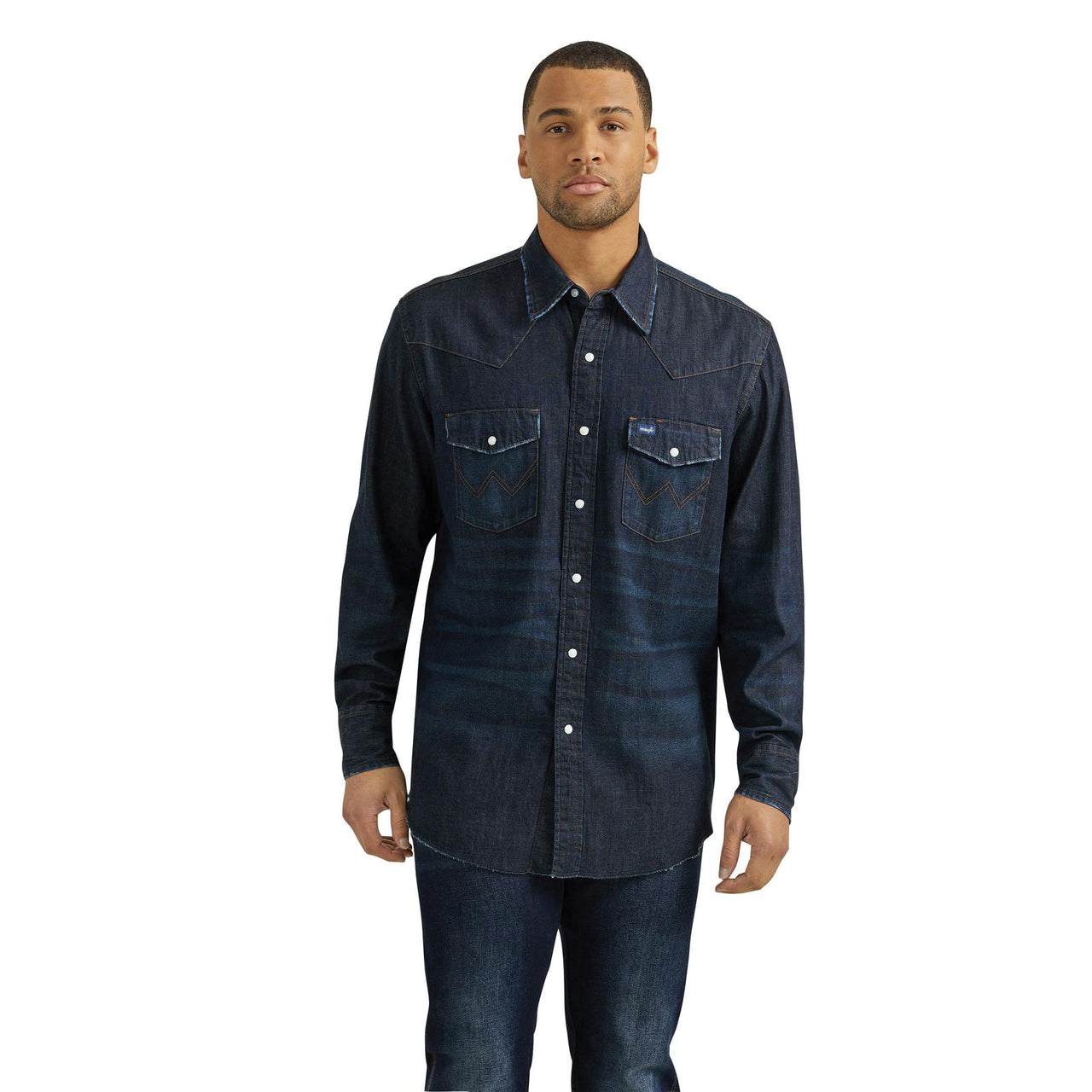 Wrangler Men's Vintage Long Sleeve Snap Shirt - Dark Wash Denim