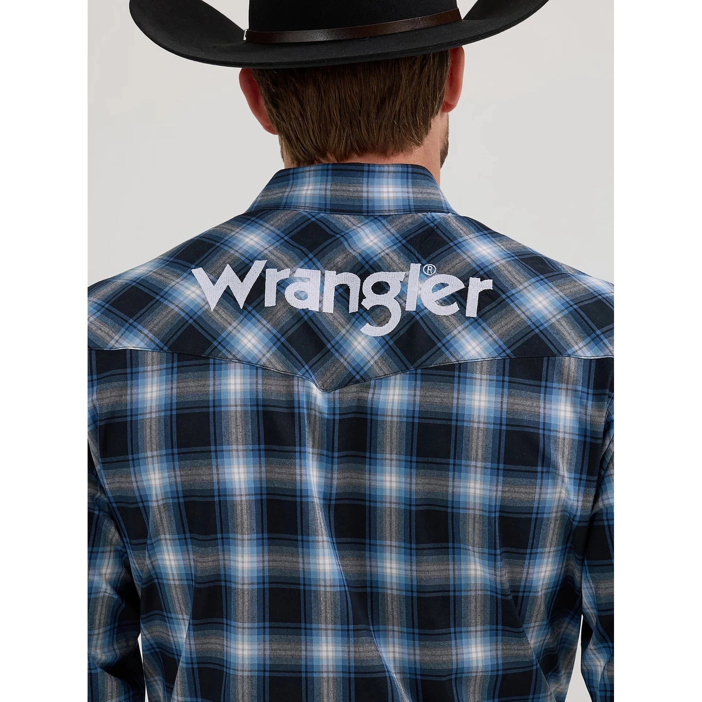 Wrangler Men's Long Sleeve Plaid Western Shirt- Black Ocean