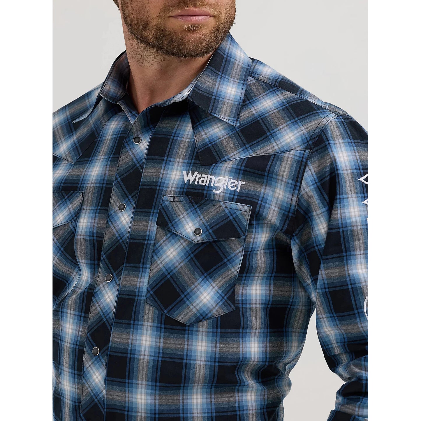 Wrangler Men's Long Sleeve Plaid Western Shirt- Black Ocean