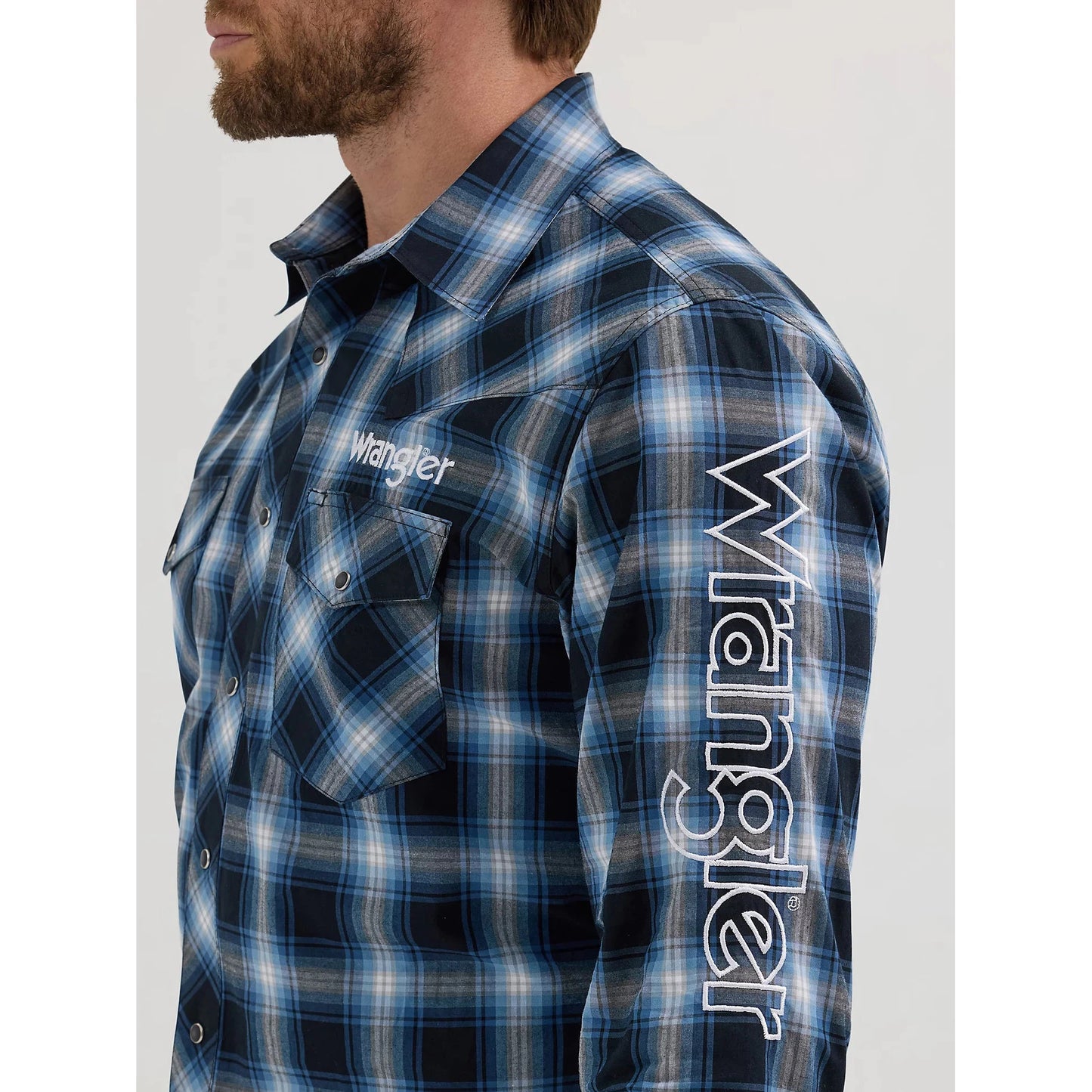 Wrangler Men's Long Sleeve Plaid Western Shirt- Black Ocean