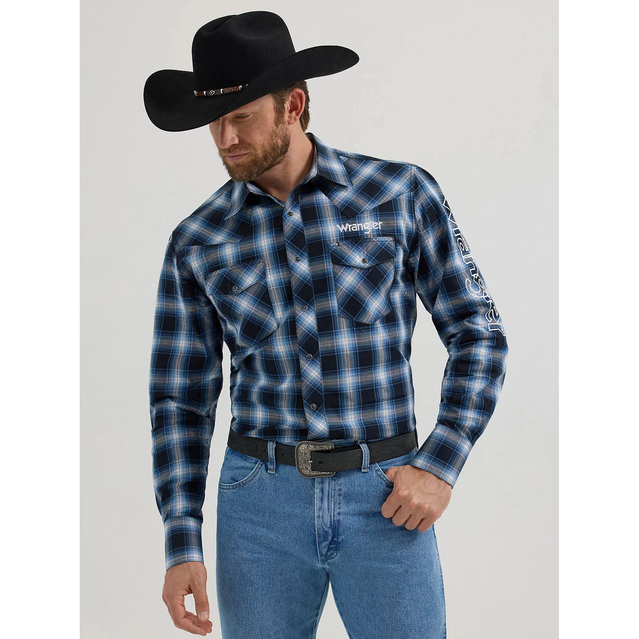 Wrangler Men's Long Sleeve Plaid Western Shirt- Black Ocean