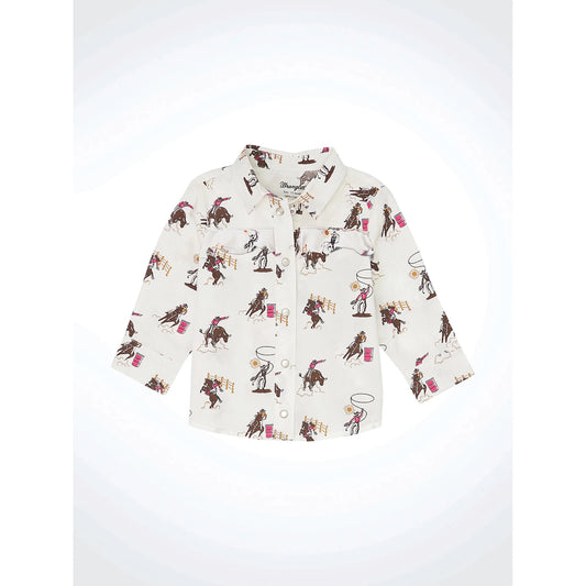 Wrangler Girl's HO24 Long Sleeve Baby Girl Western Snap Shirt- White