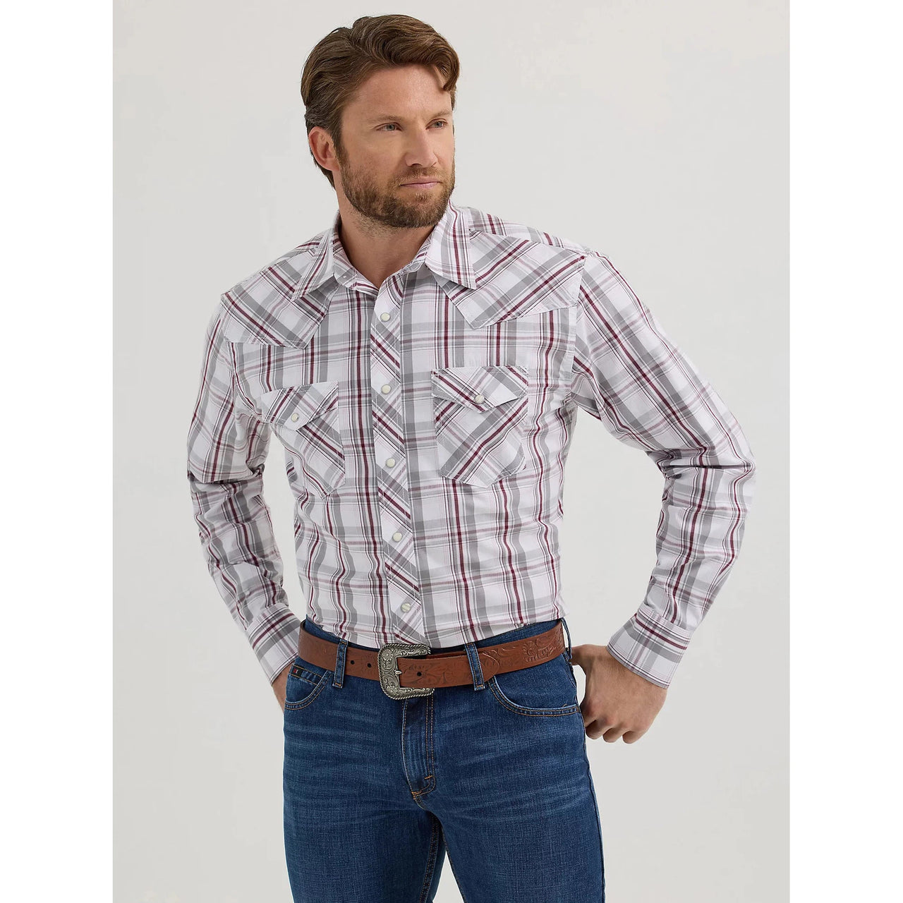 Wrangler Men's 20X Competition Advanced Comfort Long Sleeve Classic Fit Shirt - Gray Plum Plaid