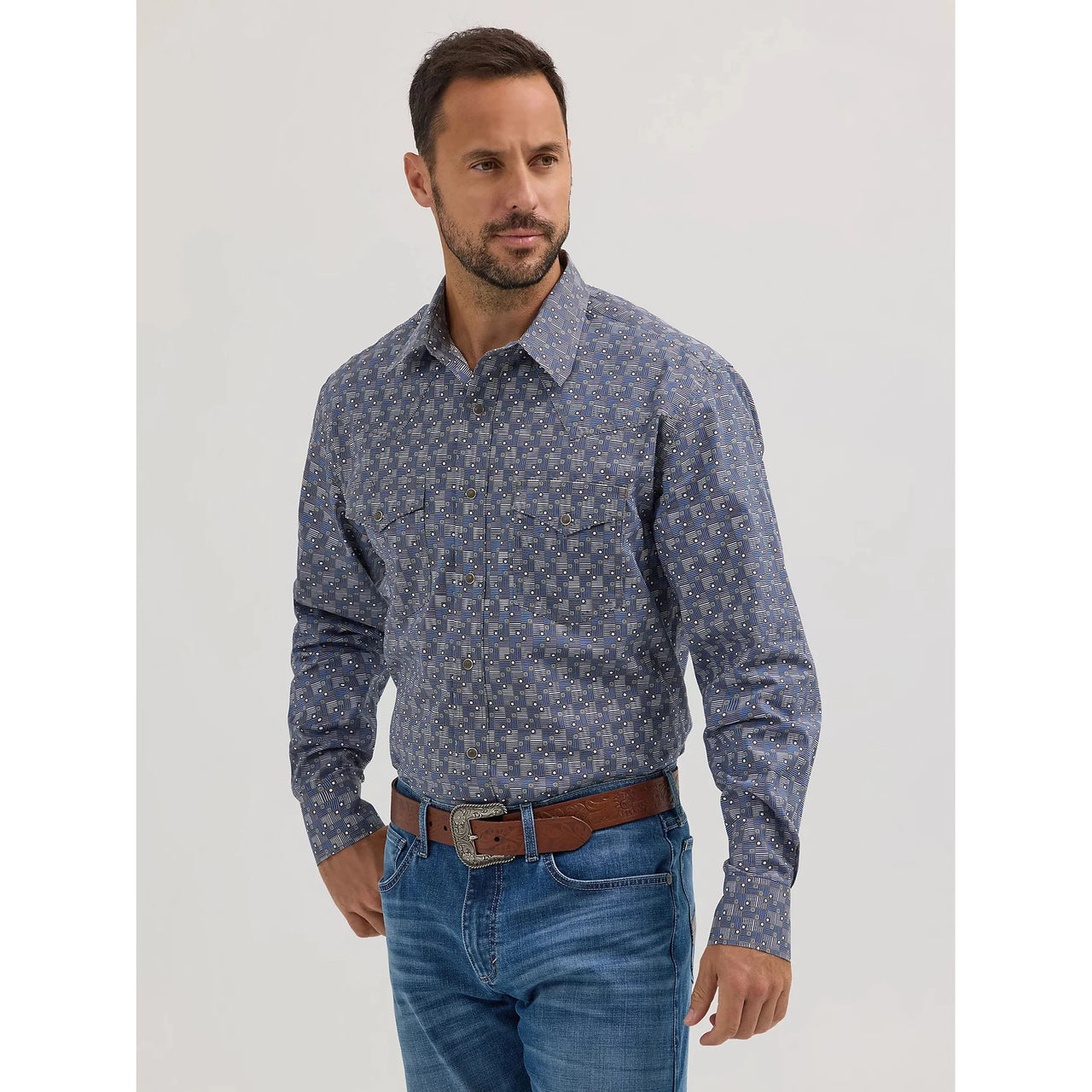 Wrangler Men's 20X Competition Advanced Comfort Long Sleeve Classic Fit Shirt - Blue Mod Print