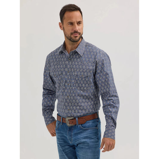 Wrangler Men's 20X Competition Advanced Comfort Long Sleeve Classic Fit Shirt - Blue Mod Print