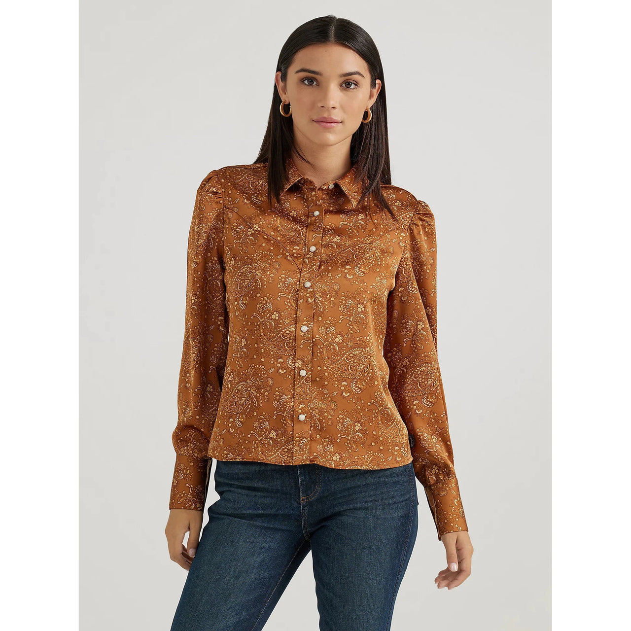 Wrangler HO24 West Women's Satin Paisley Long Sleeve Shirt- Brown