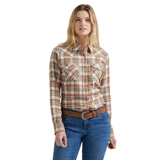 Wrangler HO24 West Women's Essential Plaid Long Sleeve Shirt- White