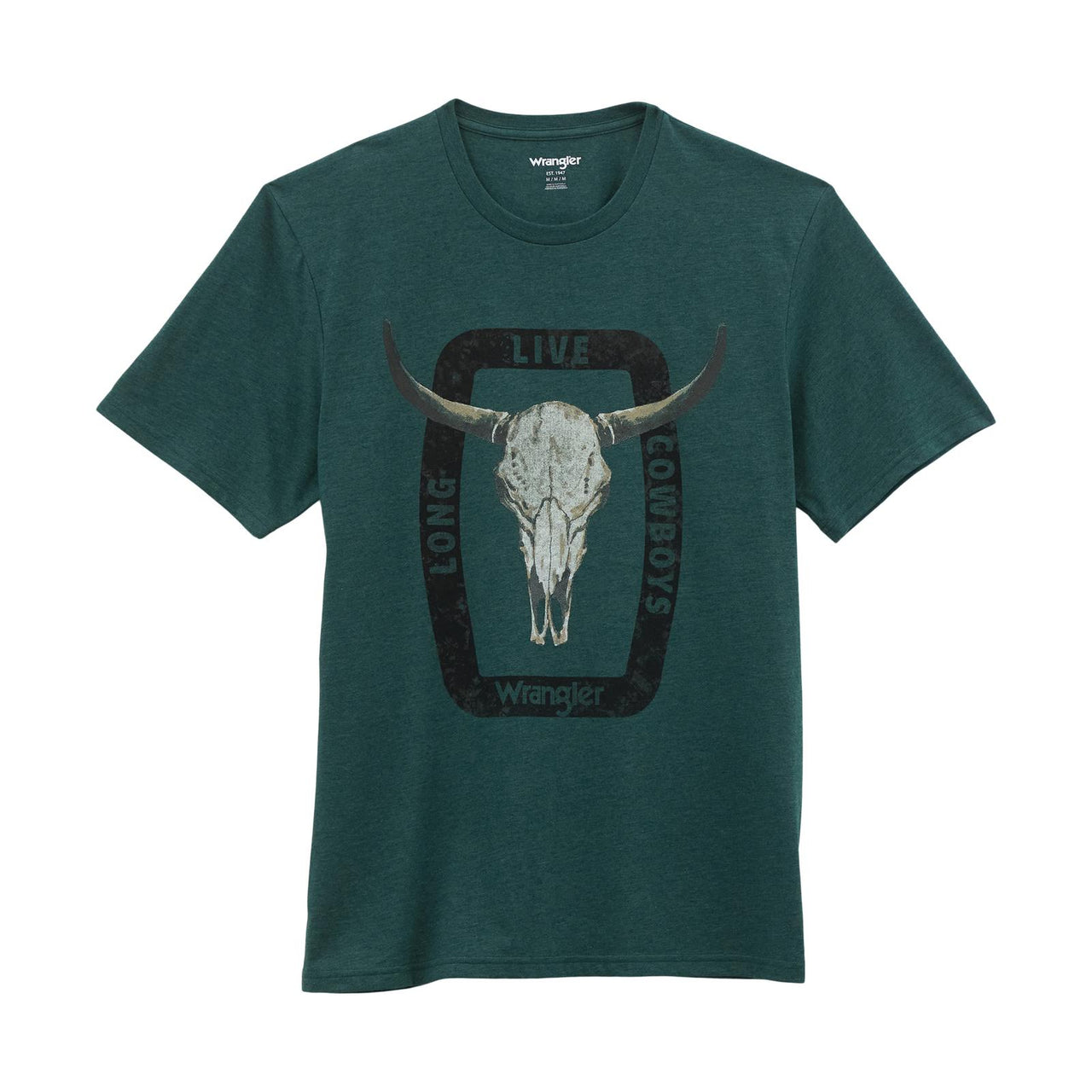 Wrangler Unisex Short Sleeve Long Live Steer Skull Tee Shirt- Sea Moss Heather