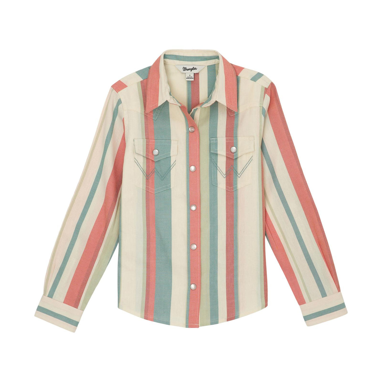 Wrangler Girl's  Long Sleeve Western Shirt- Coral/Teal