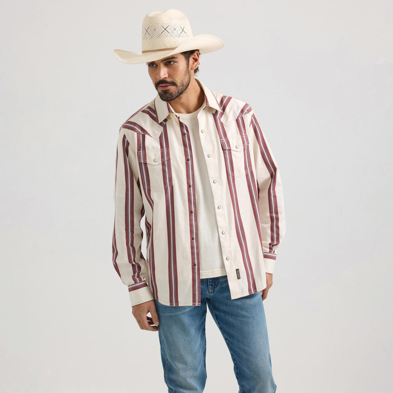 Wrangler Men's Long Sleeve Retro Modern Fit Premium Shirt- White/Red