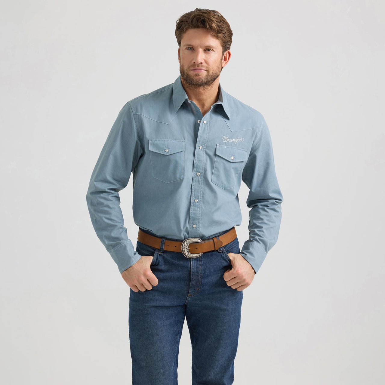 Wrangler Men's Long Sleeve Western Vintage Shirt-Chambray Blue