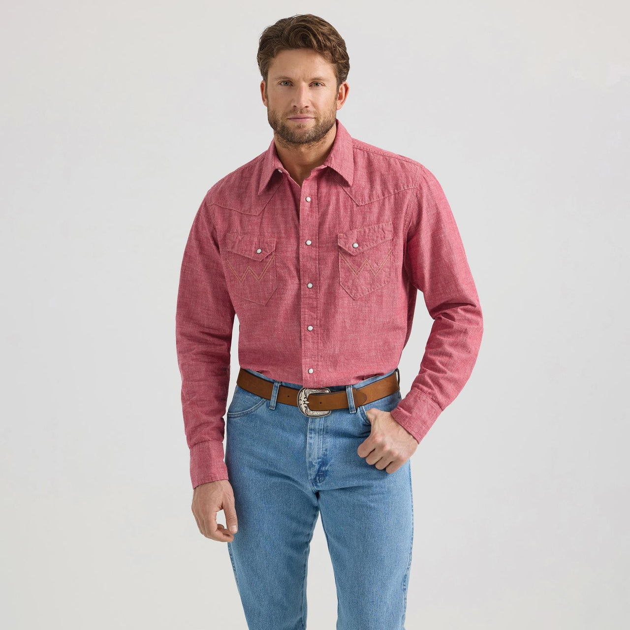 Wrangler Men's Long Sleeve Western Vintage Shirt-Chambray Red