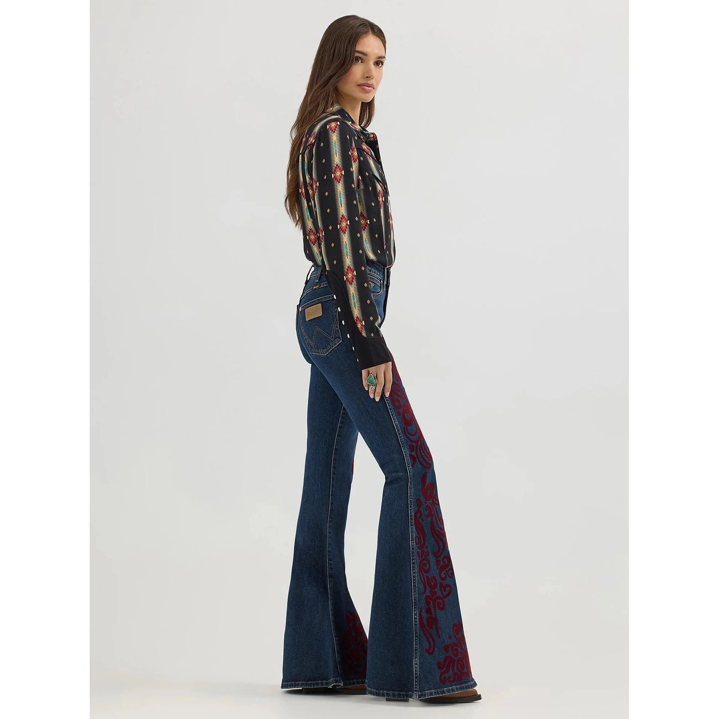 Wrangler Women's Lainey Wilson Vintage Flock Flare- Maroon Dark Wash