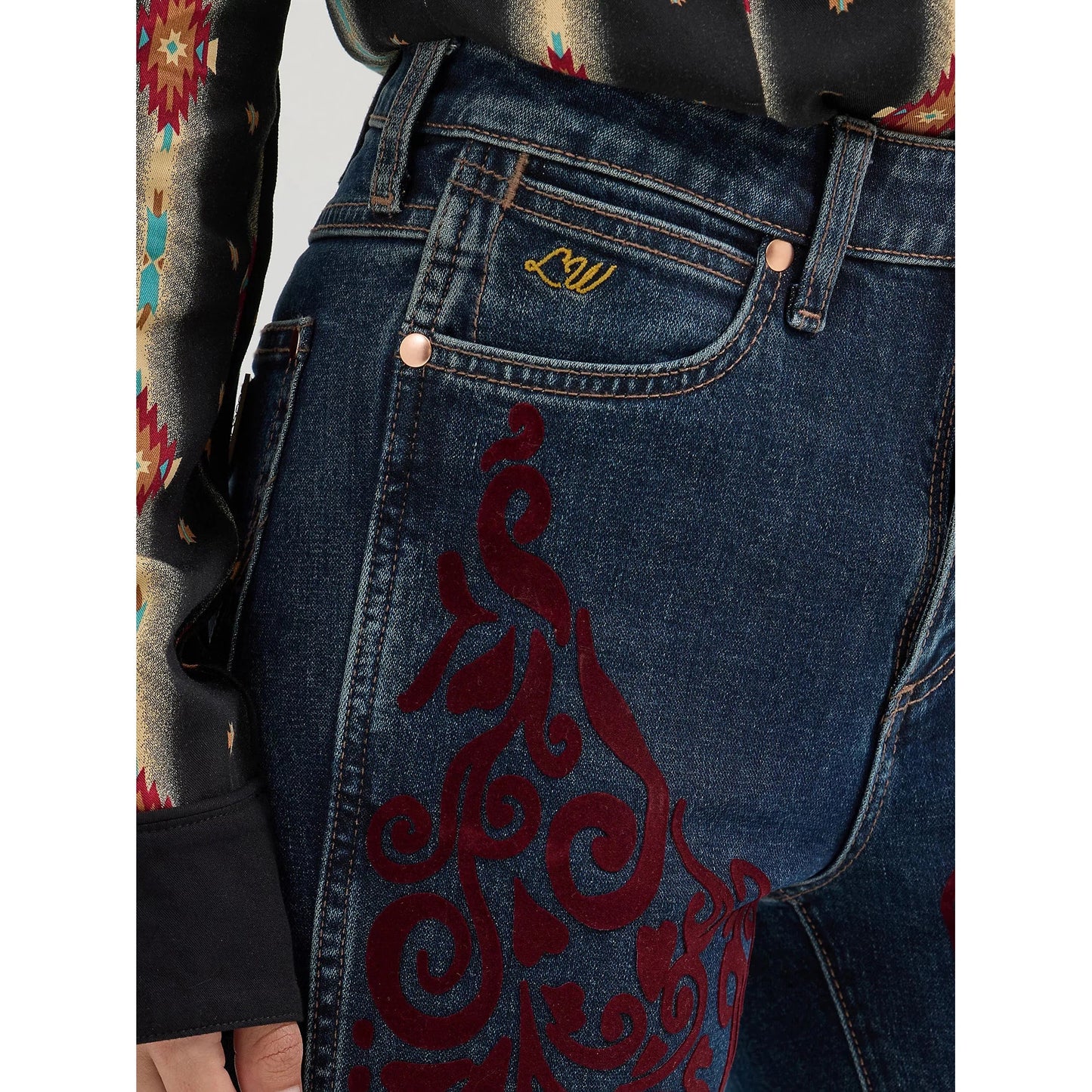 Wrangler Women's Lainey Wilson Vintage Flock Flare- Maroon Dark Wash