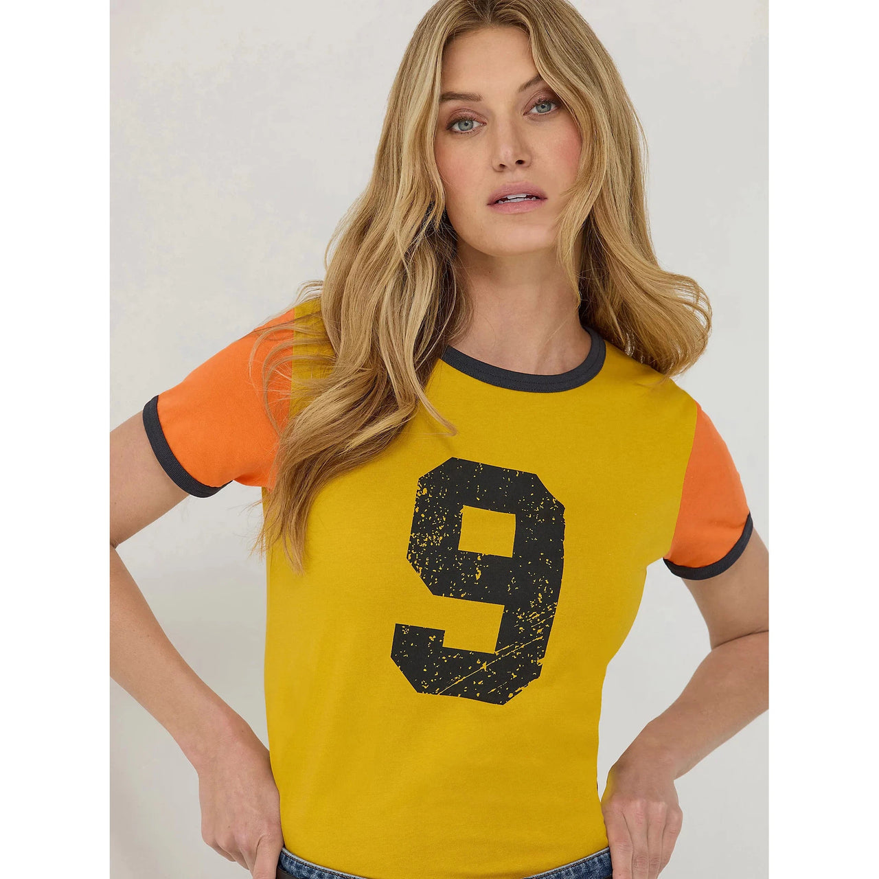 Wrangler Lainey Wilson Number 9 Slim Ringer Short Sleeve Tee Shirt-Nugget Gold