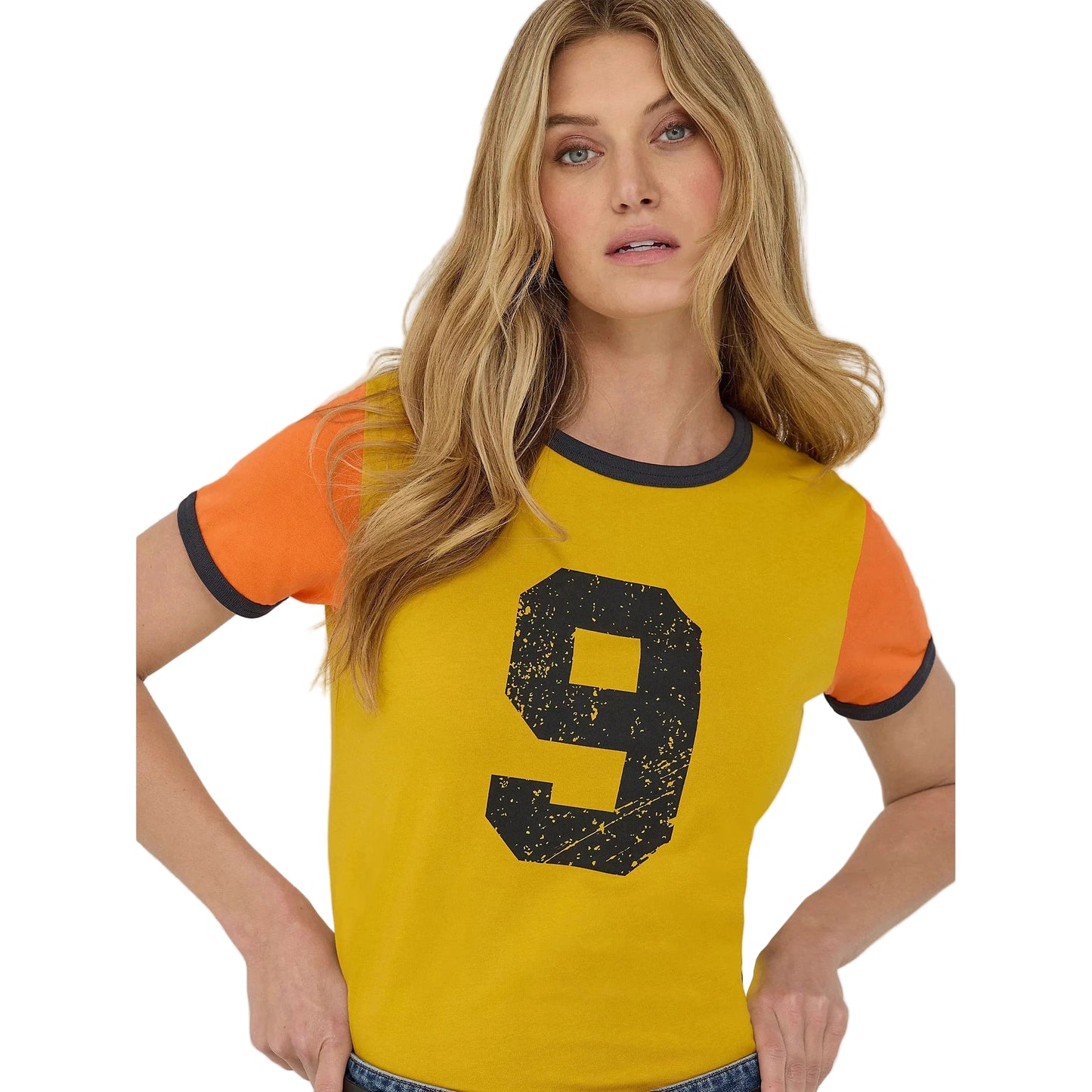 Wrangler Lainey Wilson Number 9 Slim Ringer Short Sleeve Tee Shirt-Nugget Gold