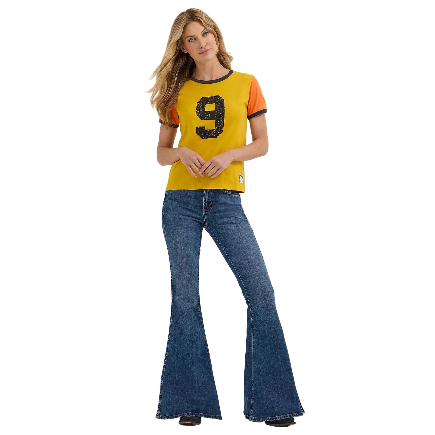 Wrangler Lainey Wilson Number 9 Slim Ringer Short Sleeve Tee Shirt-Nugget Gold