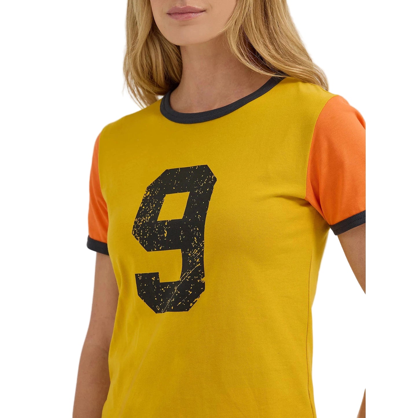 Wrangler Lainey Wilson Number 9 Slim Ringer Short Sleeve Tee Shirt-Nugget Gold