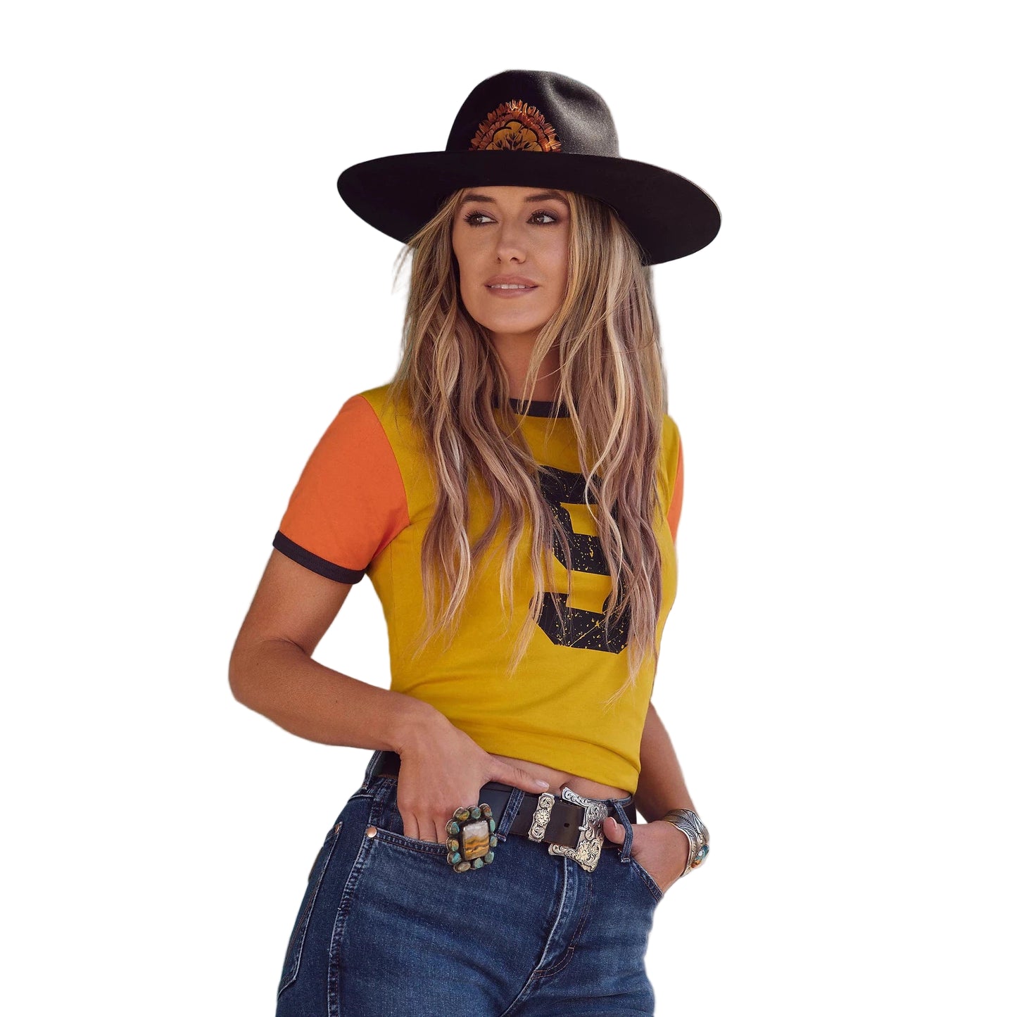 Wrangler Lainey Wilson Number 9 Slim Ringer Short Sleeve Tee Shirt-Nugget Gold