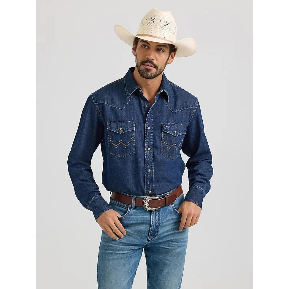 Wrangler Men's Long Sleeve Denim Shirt- Medium Wash