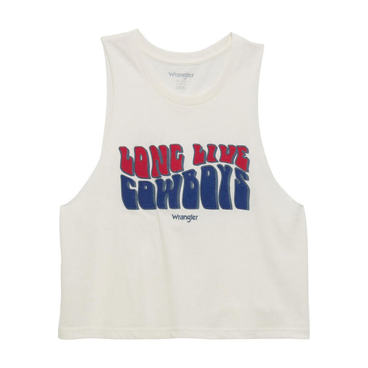 Wrangler Women's Sleeveless Long Live Cowboys Crop Tank- Bright White