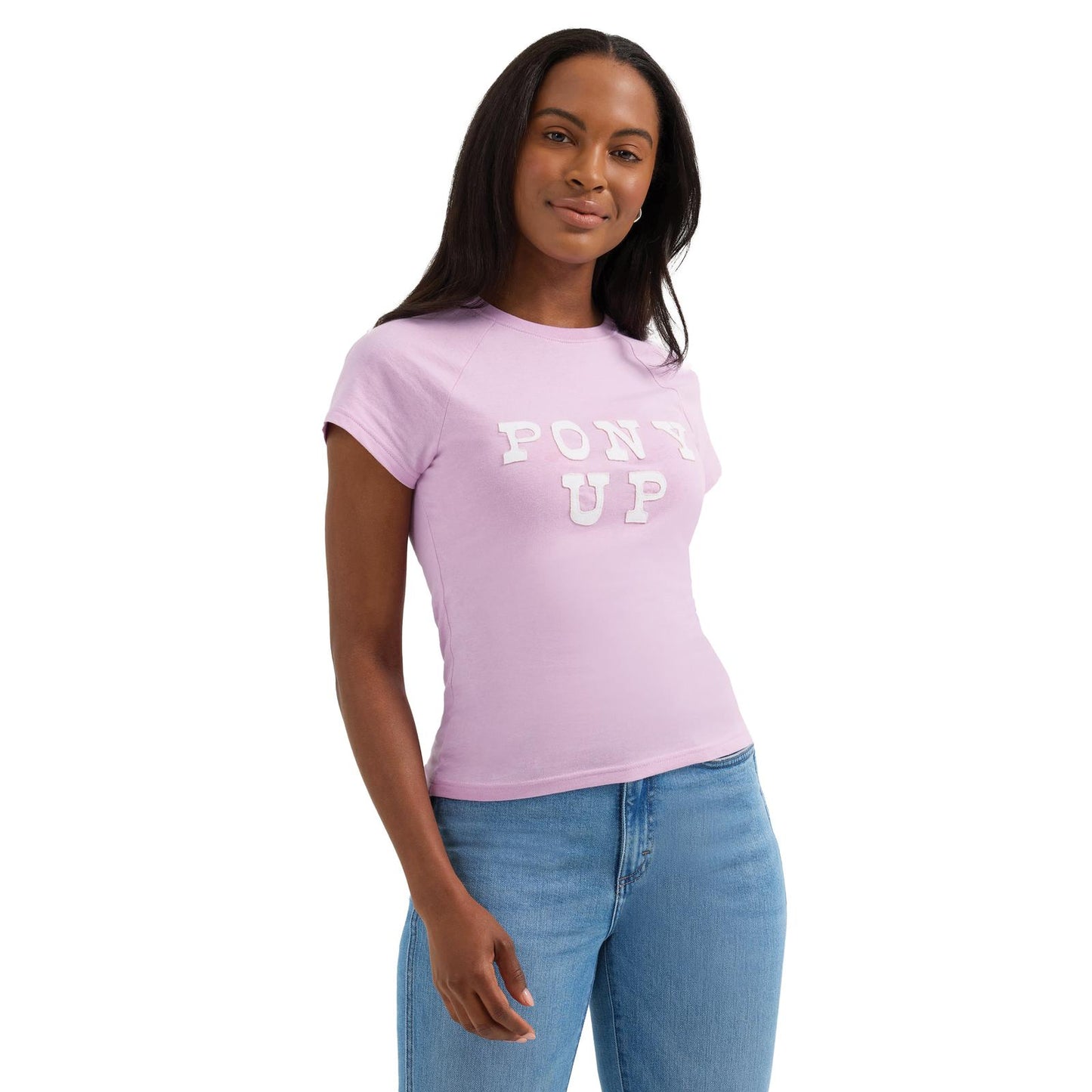 Wrangler Women's Shrunken Raglan Pony Up Short Sleeve Tee Shirt- Orchid Bouquet