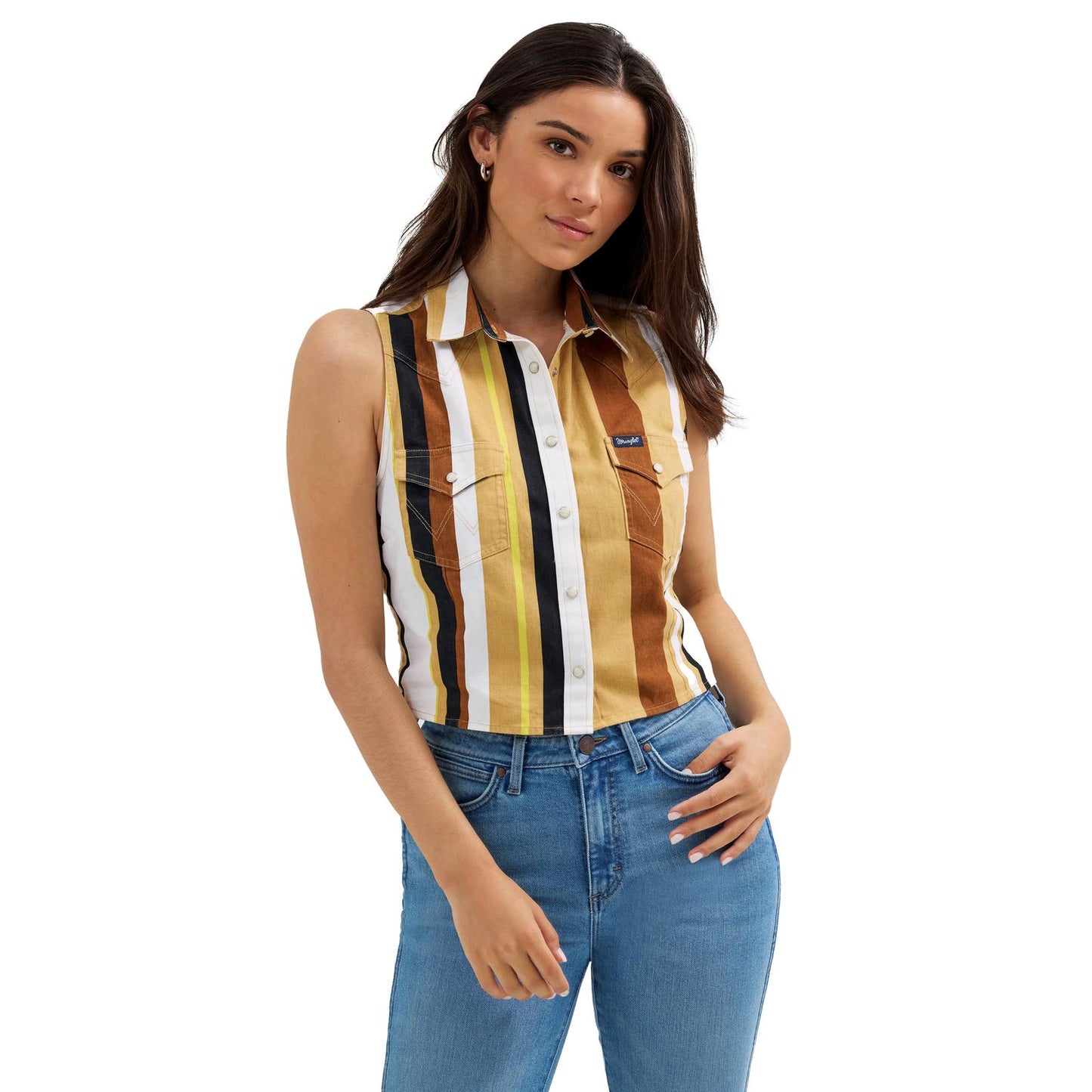 Wrangler Women's West Retro Striped Sleeveless Crop Top- Tan/White
