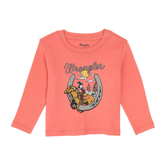 Wrangler Long Sleeve Baby Girl Western Print Tee Shirt- Coral