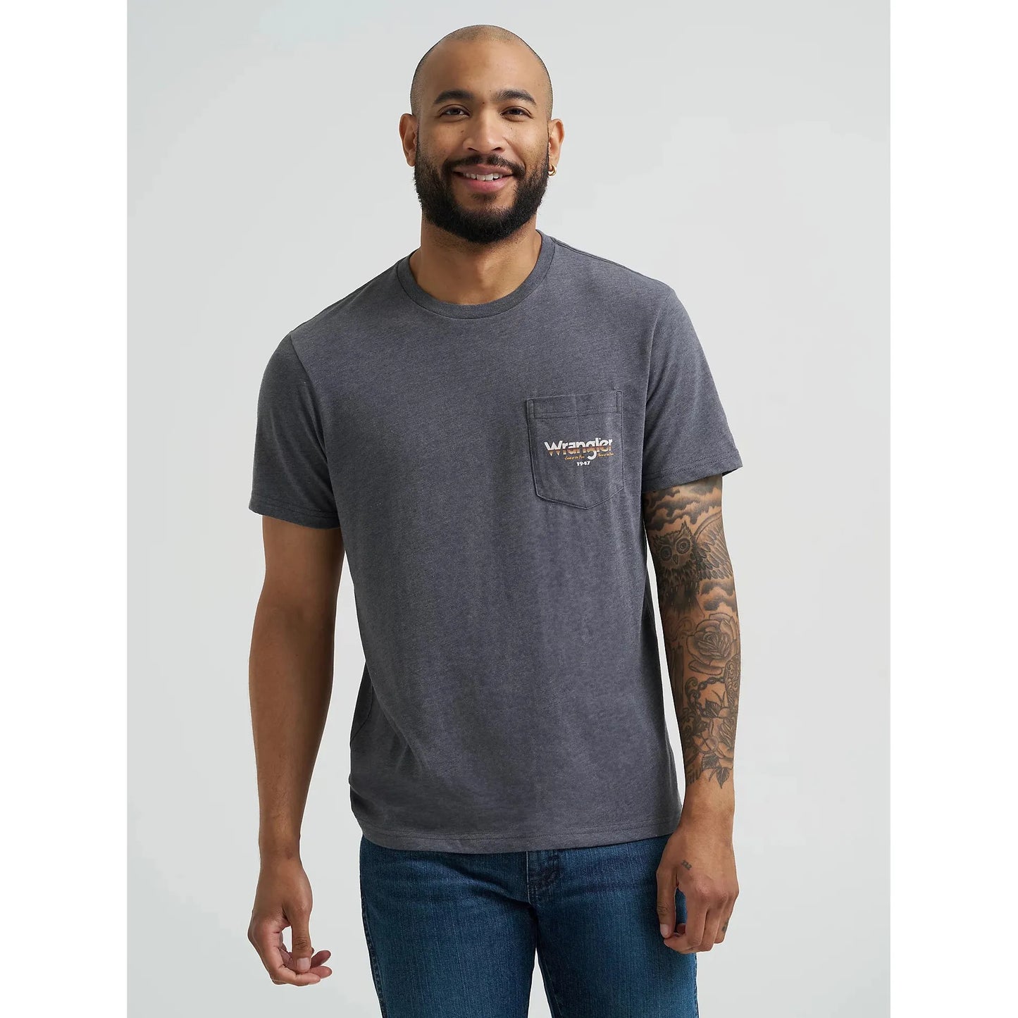 Wrangler Men's Back Graphic Short Sleeve Pocket Tee Shirt- Charcoal