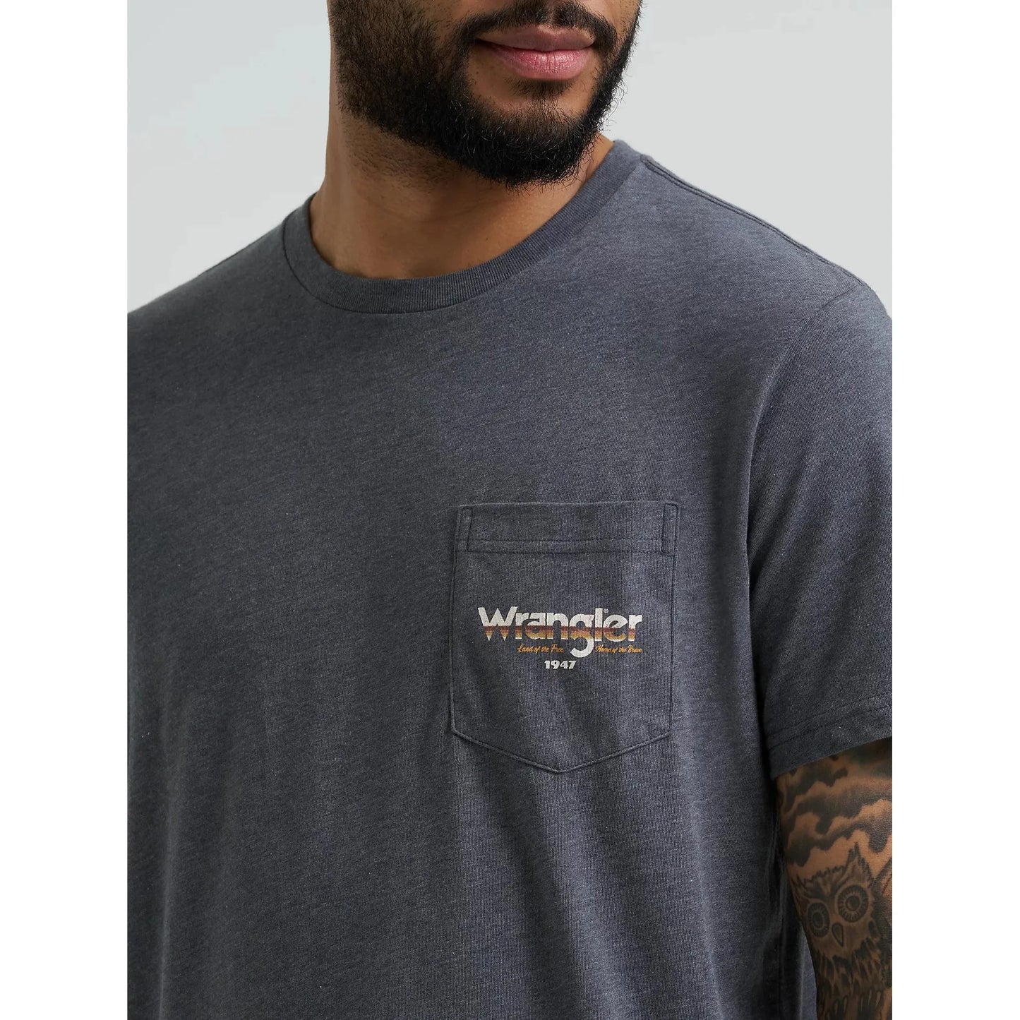 Wrangler Men's Back Graphic Short Sleeve Pocket Tee Shirt- Charcoal