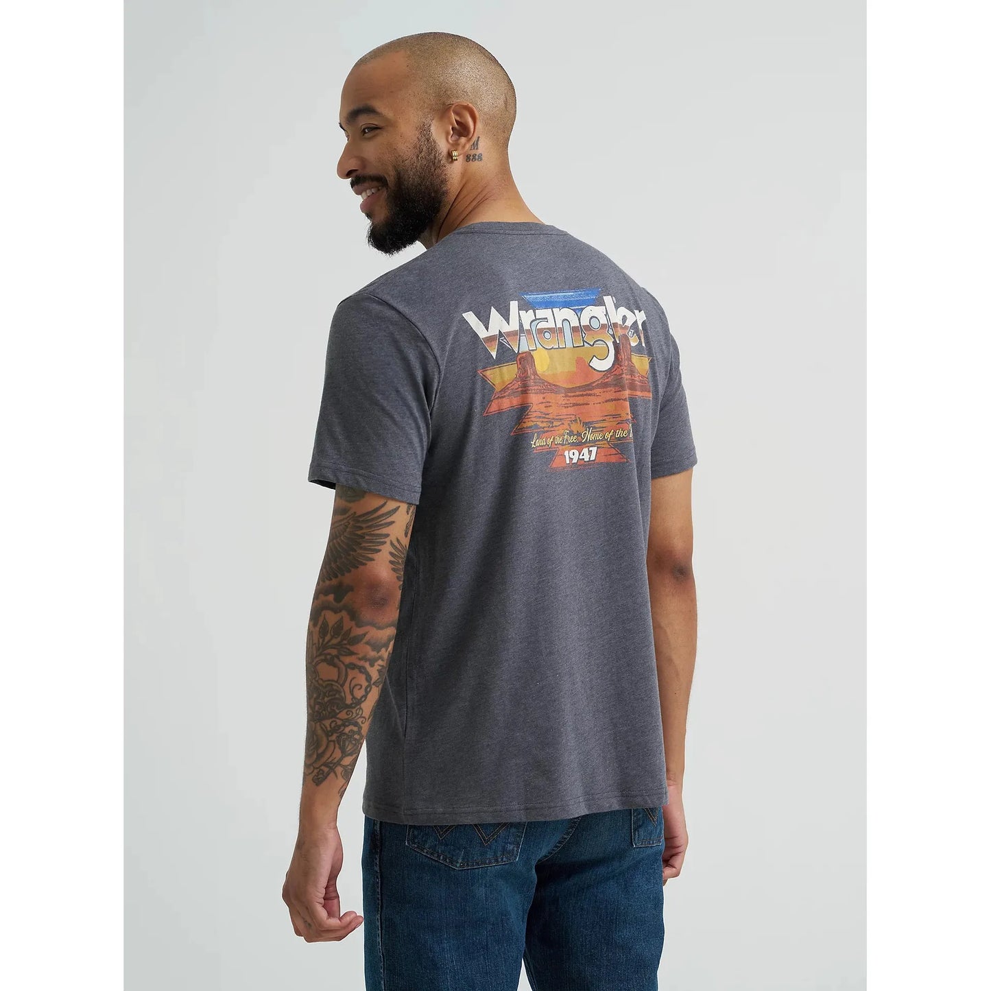 Wrangler Men's Back Graphic Short Sleeve Pocket Tee Shirt- Charcoal