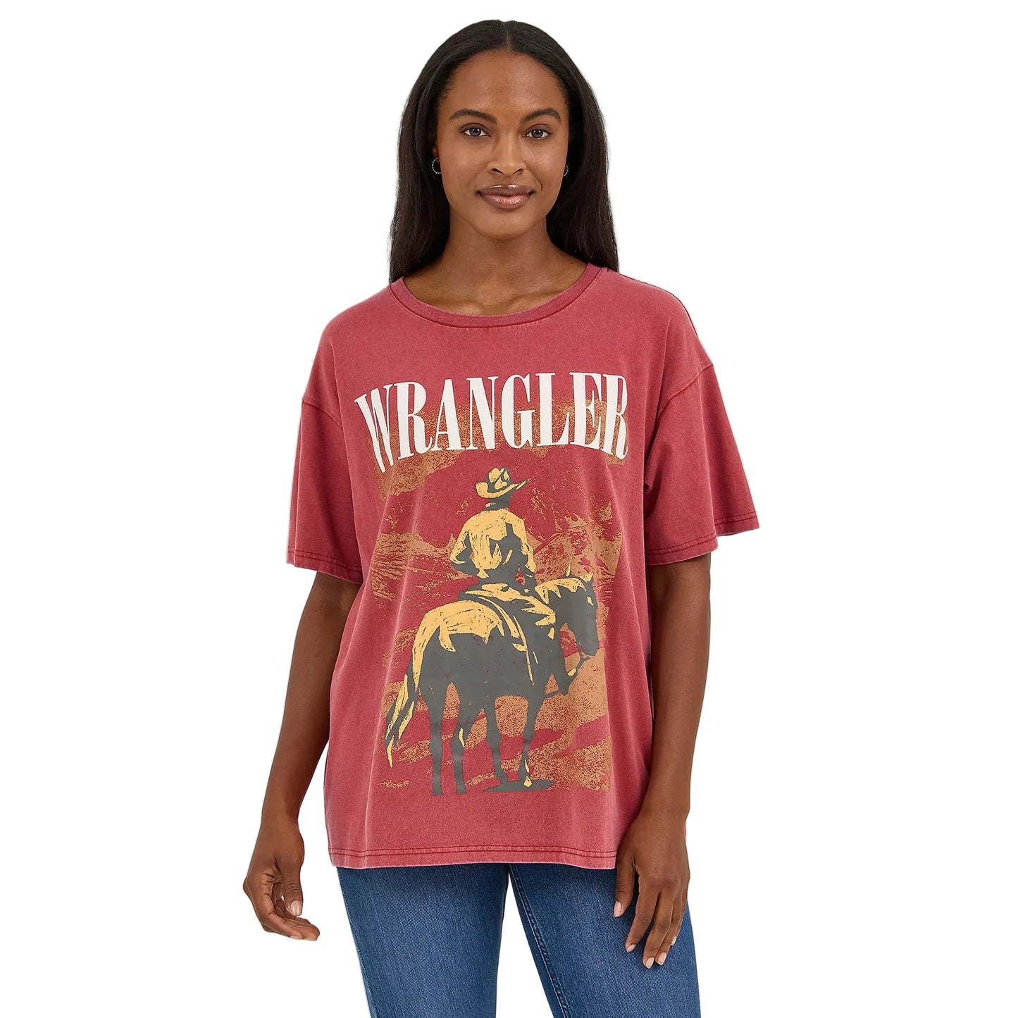 Wrangler Women's Acid Wash Graphic Oversized Short Sleeve Tee Shirt- Chili Oil