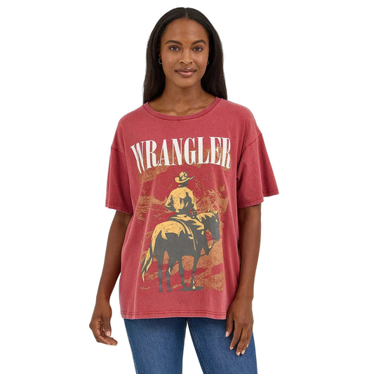 Wrangler Women's Acid Wash Graphic Oversized Short Sleeve Tee Shirt- Chili Oil