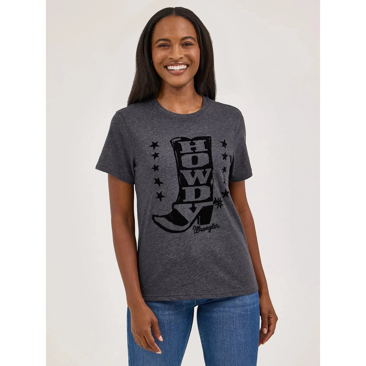 Wrangler Women's Flocked Boot Short Sleeve Tee Shirt- Black Beauty