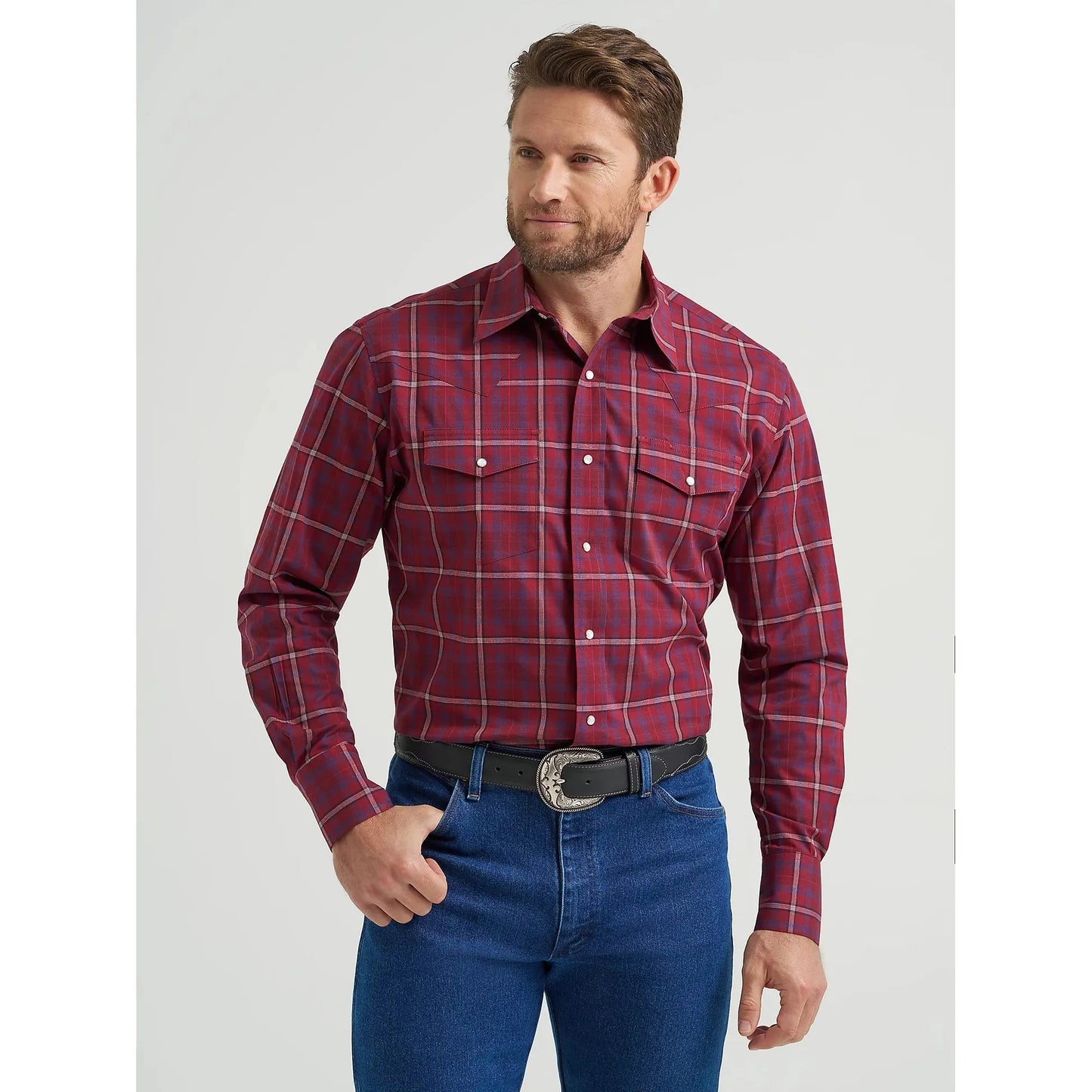 Wrangler Men's Wrinkle Resistant Long Sleeve Western Plaid Shirt - Garnet